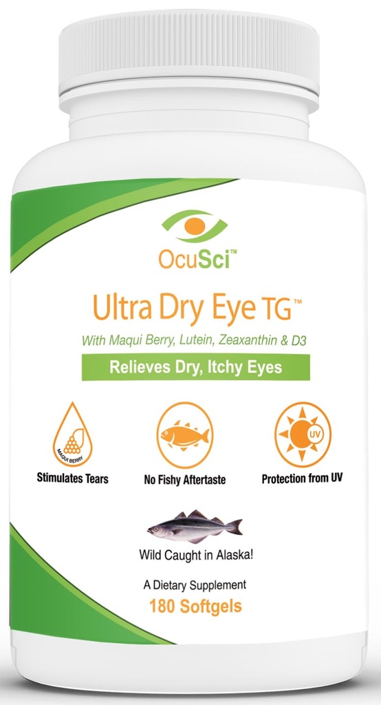 Formulé pour aider à soulager les yeux secs et démangeaisons - 1700mg Triglycéride Omega-3 + EPA & DHA, Lutéine, Zéaxanthin, B12, D3-60 portions (Ultra oeil sec, UDETG - 2 mois)