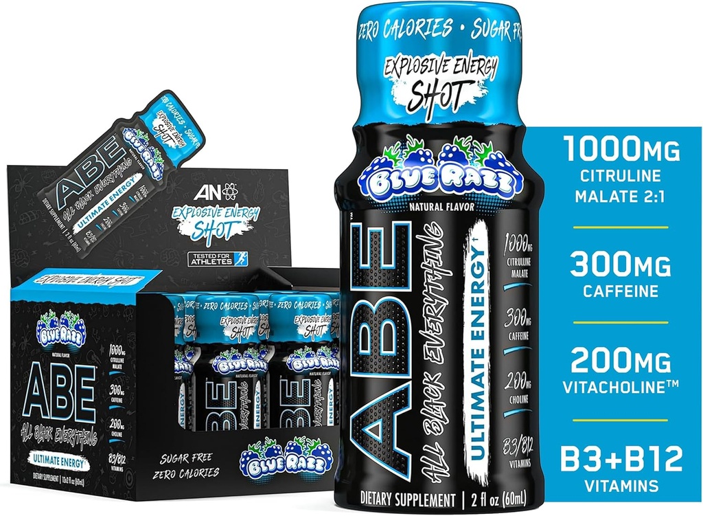 Alle Schwarz Alles Energie Schüsse | 12 Pack | 300mg Koffein | Blau Razz | Zero Sugar | Energy Focus Supplement | Nootropic Blend für Gym oder Arbeit