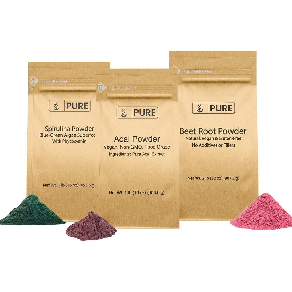 PURE ORIGINAL INGREDIENTS Beet Root, Spirulina und Acai Pulver Bundle, verschiedene Größen, Non GMO, Kräuterergänzungen