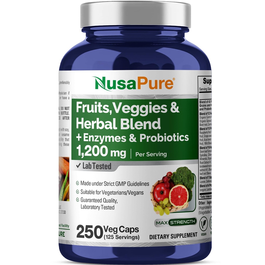 NusaPure 43 Obst und Gemüse Kräutermischung, 11 Enzyme & Probiotika, 1200 mg, 250 Veggie Kapseln (Nicht-GVO, Vegan)