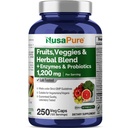 NusaPure 43 Obst und Gemüse Kräutermischung, 11 Enzyme & Probiotika, 1200 mg, 250 Veggie Kapseln (Nicht-GVO, Vegan)