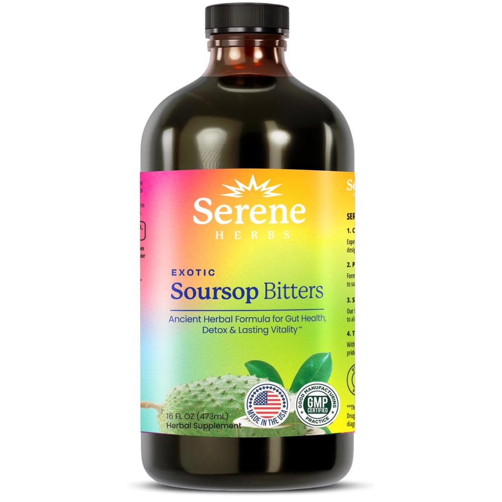 Serene Kräuter - Soursop Bitters Liquid - Bio Kräuter Guanabana Detox mit schwarzem Seed, Moringa & Ginger - Unterstützt Verdauungs- und Immunfunktion - 16 fl oz