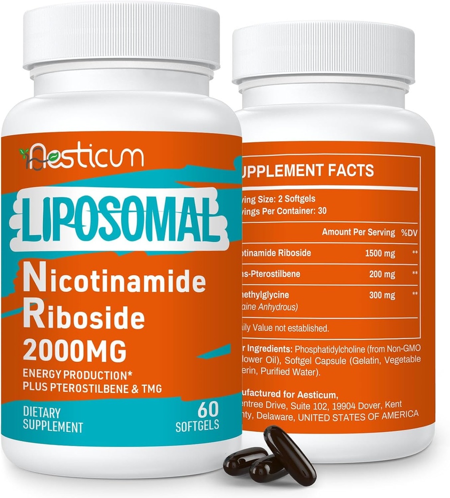 2000 MG Liposomal Nicotinamid Riboside Supplement mit TMG & Pterostilbene, Hohe Bioverfügbarkeit NAD+ Boosting Supplement, Superior zu Niacinamid für Energie, Immunität, Alter Resistance, 120 Softgels