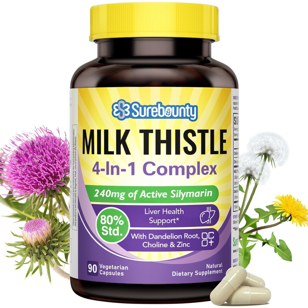 4-in-1 Milchdistel-Komplex für Männer und Frauen, Milchdistel-Extrakt mit 240mg Aktives Silymarin, 80% Std, mit Dandelion, Choline, Zink, Leber Detox & Repair, Non-GMO, Einmal täglich, 90 Veggie Caps
