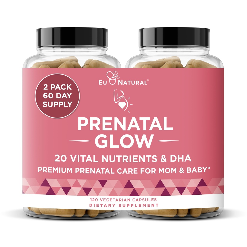 Glow Prenatale Vitamine für Frauen – 20-in-1 Vital Nährstoffe für gesunde Schwangerschaft und gesunde Entwicklung – Folsäure & Vegan DHA für Babys Wachstum & A Bequeme Schwangerschaft – 120 Nourishing Capsules