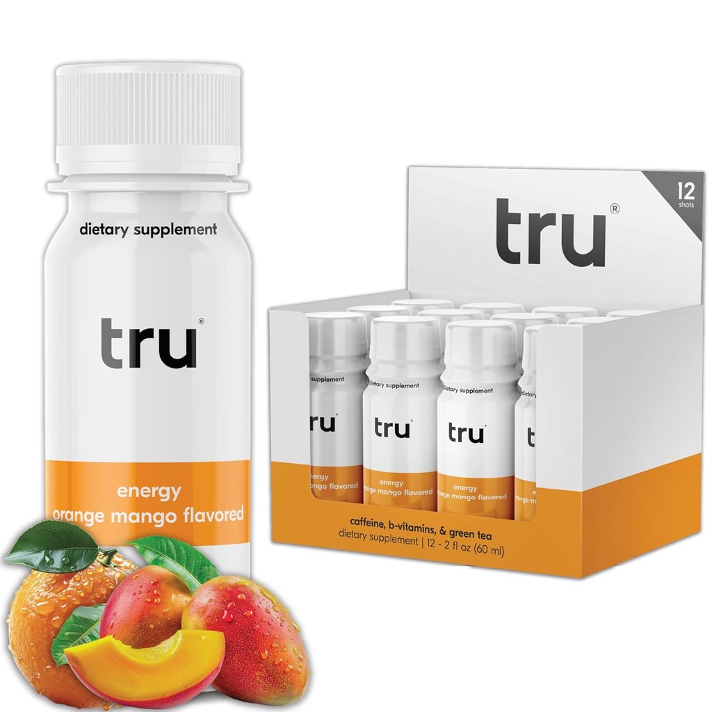 Tru Energy Shot, Extra Strength Energy Drink mit natürlichem Koffein, Grüner Tee, B Vitamine B3, B6 & Vitamin B12, Zero Sugar & Calories, Keto, Vegan, Glutenfrei, Orange Mango, 2 FL OZ Flaschen, 12 Pack