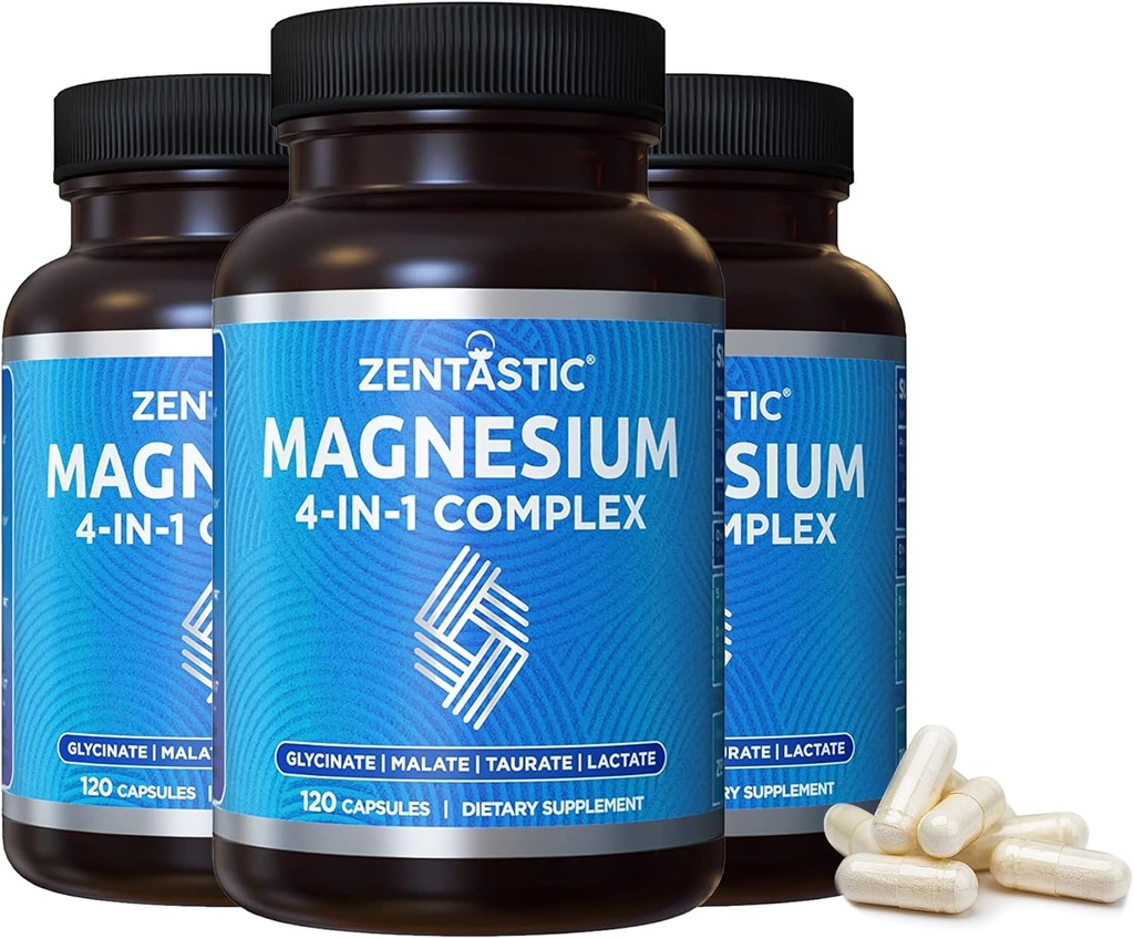 Complexe de Magnésium Zentastique - 360 Capsules - Glycinat de Magnésium Chélaté, Malé, Taurat et Lactate - Os de soutien, Muscles