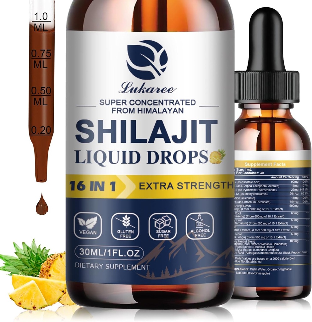 16 in 1 Shilajit Resin Liquid Drop, Shilajit W/Ginseng, Turmeric, Rhodiola, Wolfberry, Amla & Vitamins, Shilajit Supplement für Männer & Frauen mit 85+ Trace Minerals & Fulvic Acid, 1 Fl Oz