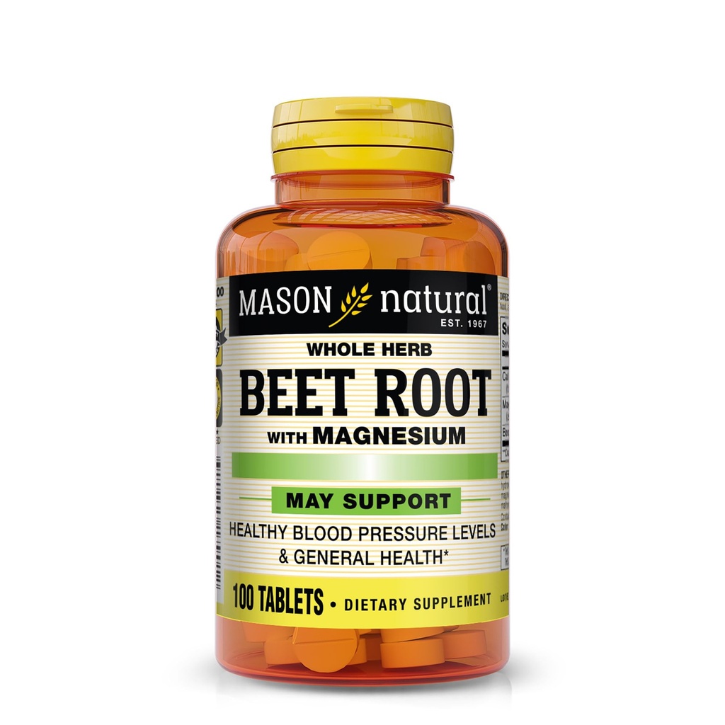 MASON NATURAL Racine de betterave au magnésium et au calcium - Santé du coeur et pression artérielle, maintenir la santé globale, 100 comprimés