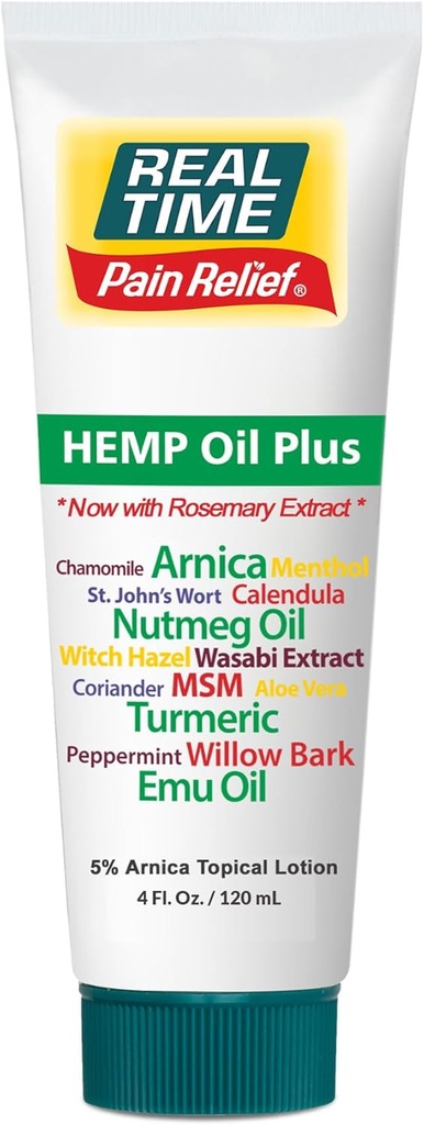 Real Time Pain Relief Hanf Öl Plus 4oz Tube | 20 Natürliche Inhaltsstoffe: 5% Arnica & Turmeric | Fast Absorbing Lotion für Muskeln, Hände, Füße, Knöchel, Rücken, Schultern, Knie und Gelenke Discomfort