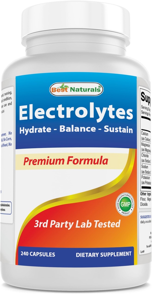 Les meilleurs électrolytes naturels Hydrate-Balance- Sustain Premium Formule 240 Capsules. Sans gluten et sans OGM.