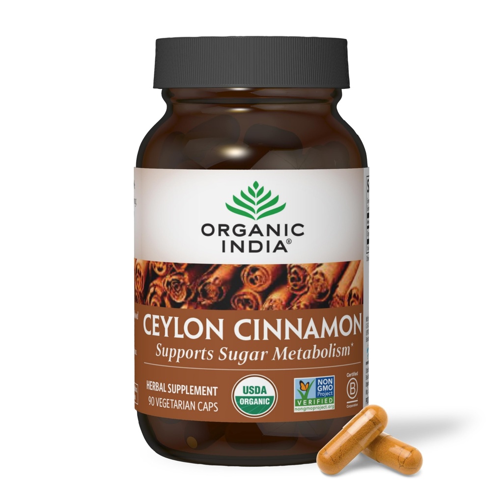 ORGANIQUE INDIA Ceylan Supplément de cannelle - Capsules de cannelle biologique Ceylan, Supplément de cannelle à base de plantes, Soutien Digestion, Source d'antioxydants, USDA Organique, Vegan, Sans gluten - 90 Capsules