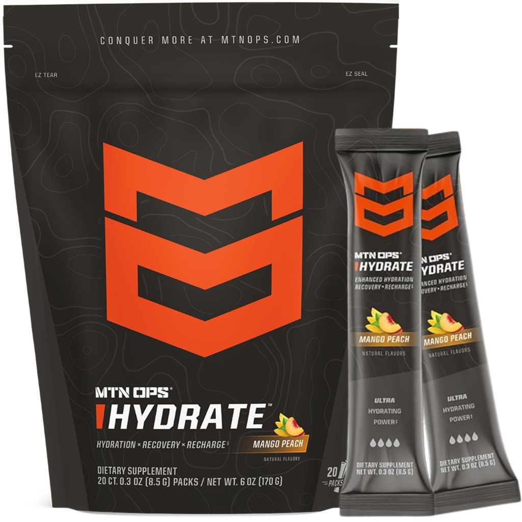 MTN OPS Mélange de boissons en poudre d'électrolytes hydratants, 20 boîtes d'électrolytes à usage unique avec plus de 1000mg d'électrolytes par portion, pêche à la mangue