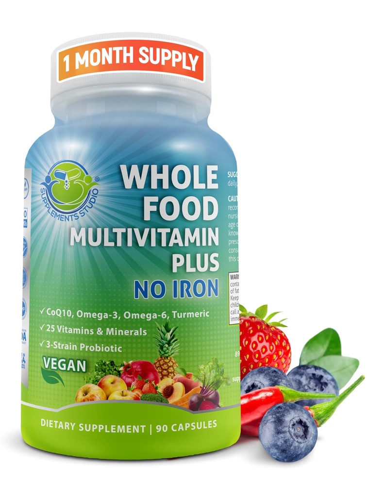 Multivitamines quotidiennes sans fer, multivitamines méthylées pour les femmes et les hommes, faites avec des fruits et légumes, B-Complex, Probiotiques, Enzymes, CoQ10, Omégas, Turmériques, Non-OGM, 90 Compte