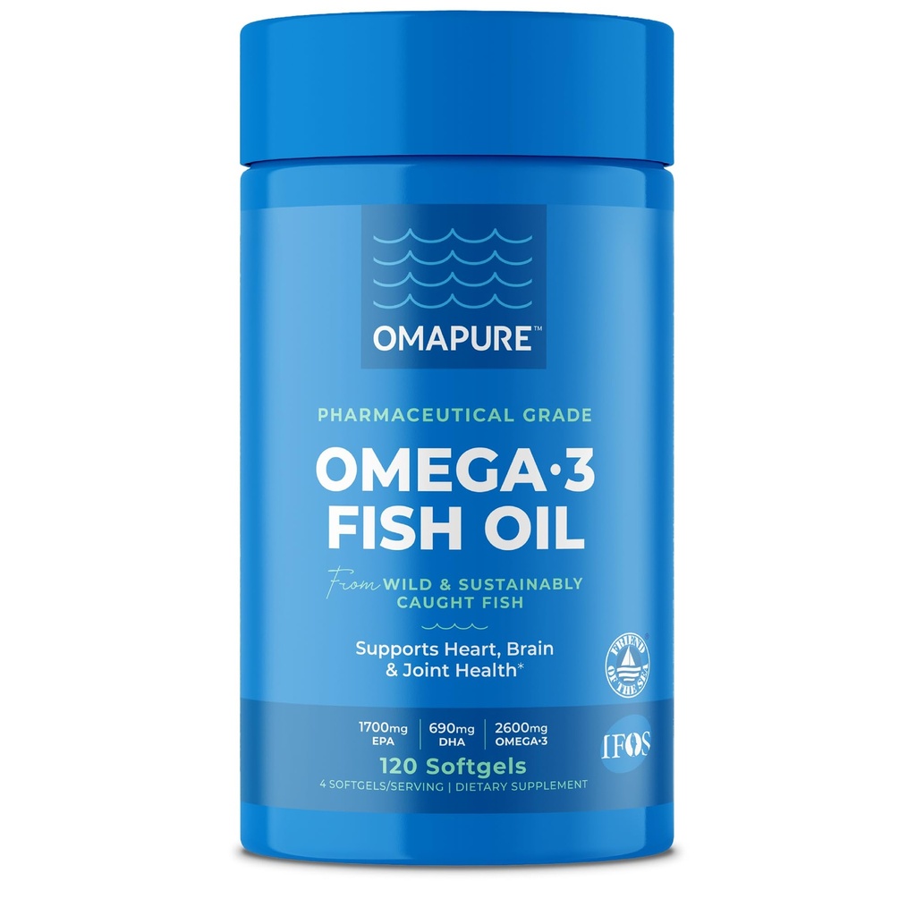 OMAPURE Fish Oil Supplements mit Omega 3 Fettsäuren (1 Flasche, 120 Softgels) - High EPA, DHA, & IFOS Fish Oil Pills unterstützen Herz & Gelenke Gesundheit - Burpless Fish Oil fördert Gehirnfunktion