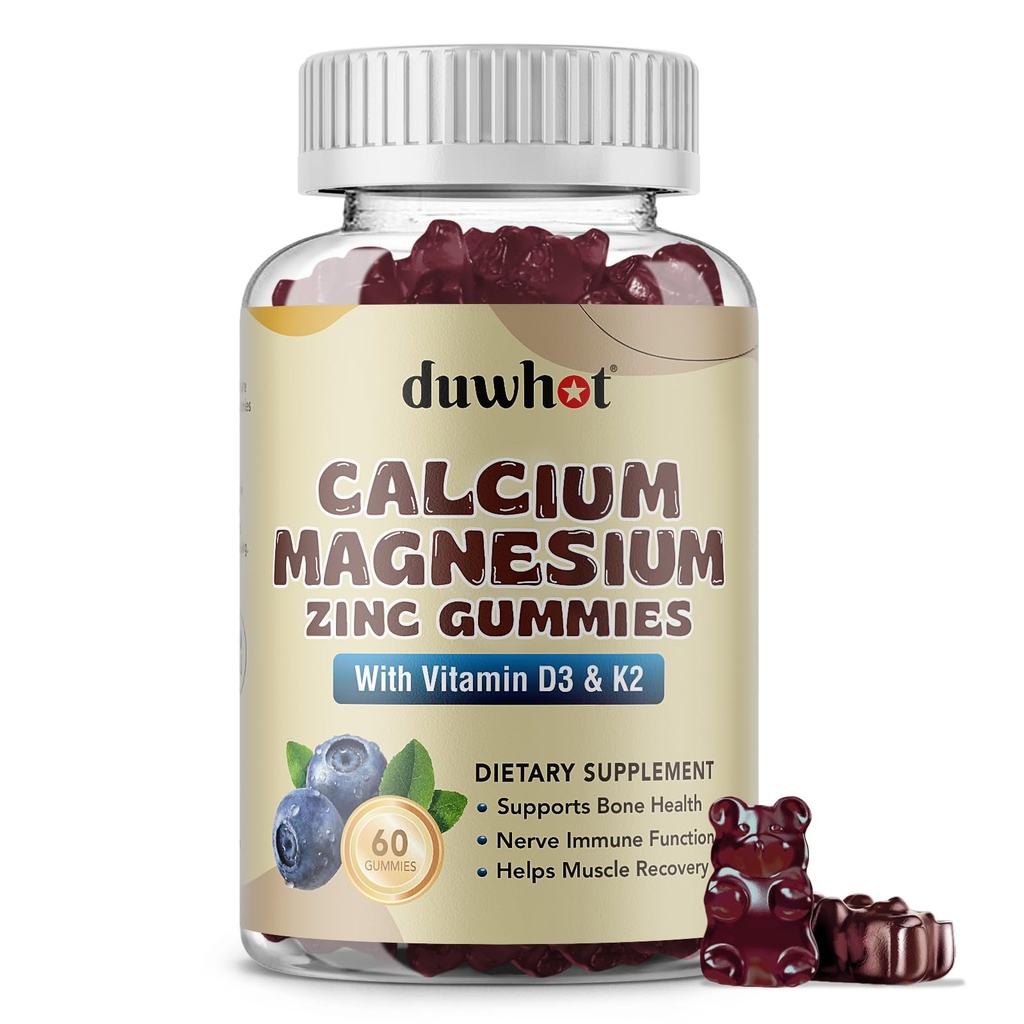 Calcium Magnesium Zink-Gummi für Frauen, Kaubare Kalzium-Ergänzung 1000 mg Vitamin D3 & K2, Knochen & Nerve Gesundheit, Muskel-Funktion, Immununterstützung & Stress-Relief, Blueberry Flavor, 60 Ct