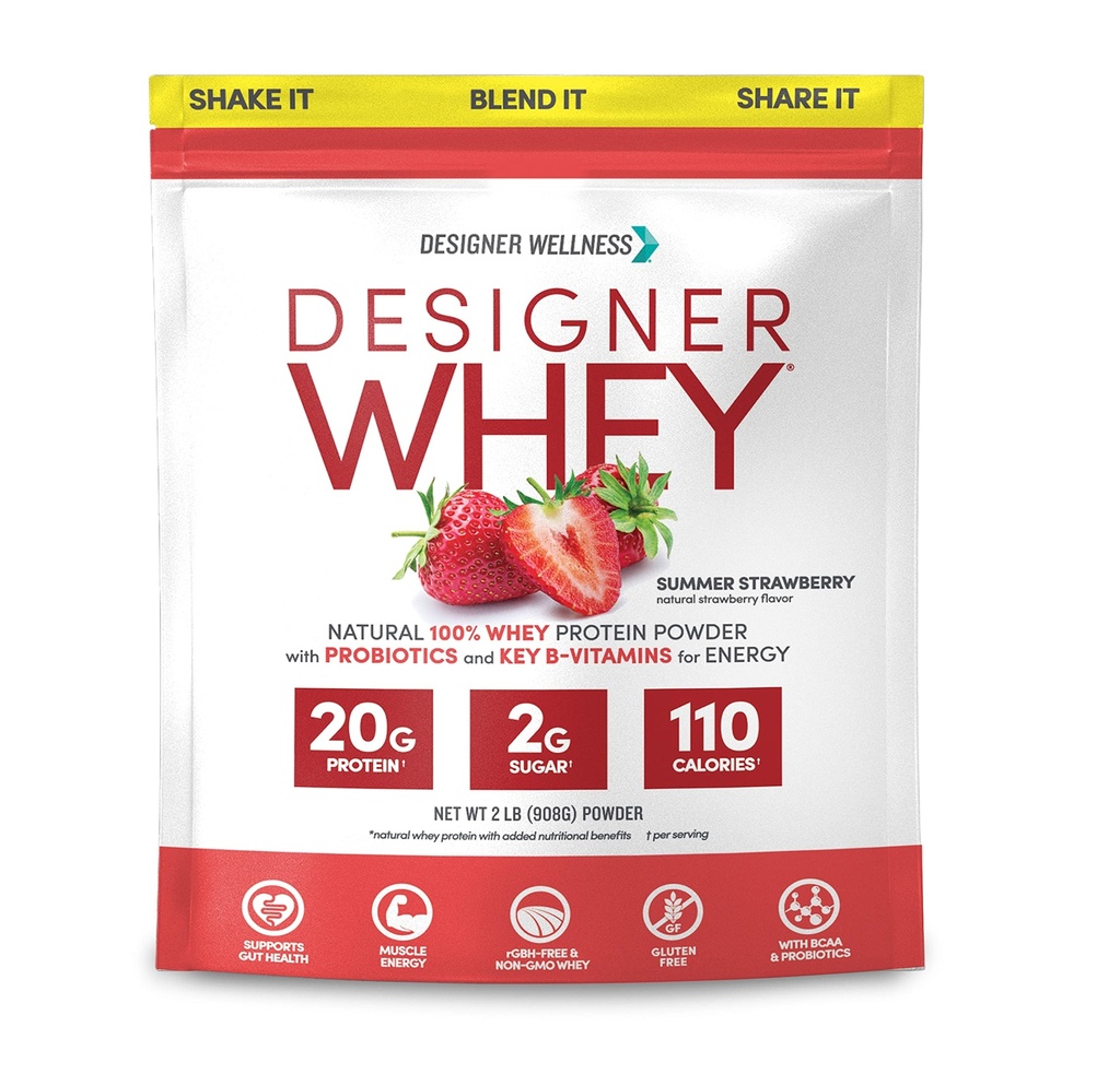 Designer Wellness, Designer Whey, Natural Whey Protein Powder mit Probiotika, Fiber und Key B-Vitamine für Energie, Glutenfrei, Sommer Erdbeere, 2 lb