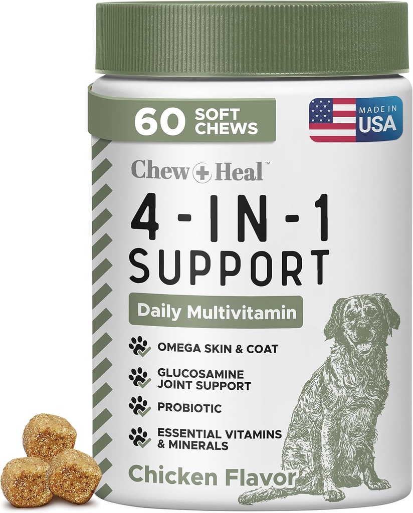 Alle in 1 Hunde Vitamine und Nahrungsergänzungsmittel, 60 Soft Chew Multivitamine mit Glucosamin, Probiotika, Omega Fish Oil -für Haut, Mantel, Hip, Joint & Gut Health -Senior, Welpen, große & kleine Hunde