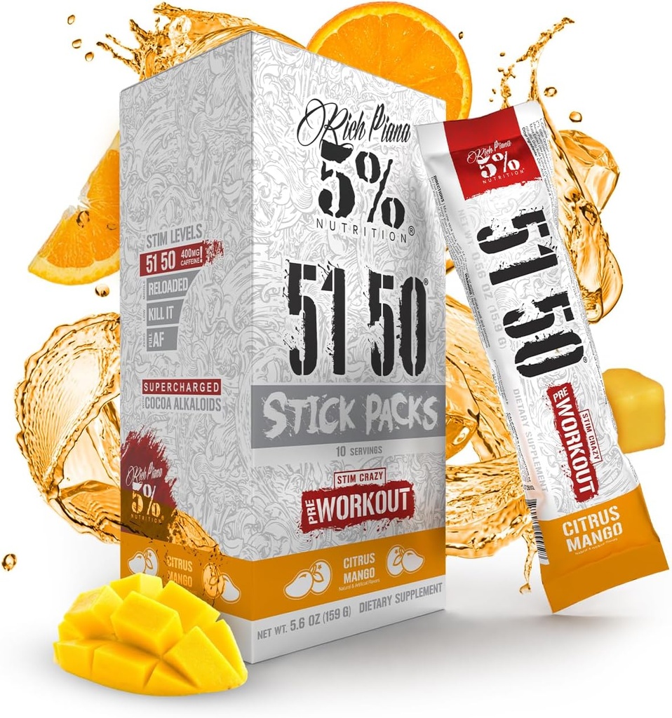 5 % Nutrition Riche Piana 5150 Paquets de poudre pré-entraînement à haut rendement Extrême énergie, focus, pompes et endurance