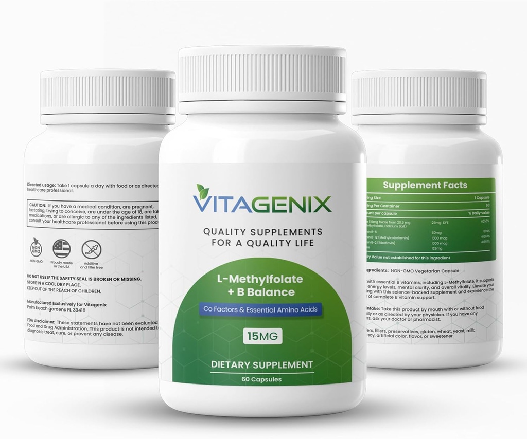 L-méthylfolate + B Balance - Force professionnelle Bioactive 5-MTHF Form + B6, B2 et B12 Complexe méthylcobalamine B - Supporte l'humeur, la méthylation et la cognition - 15mg - 60 Capsules