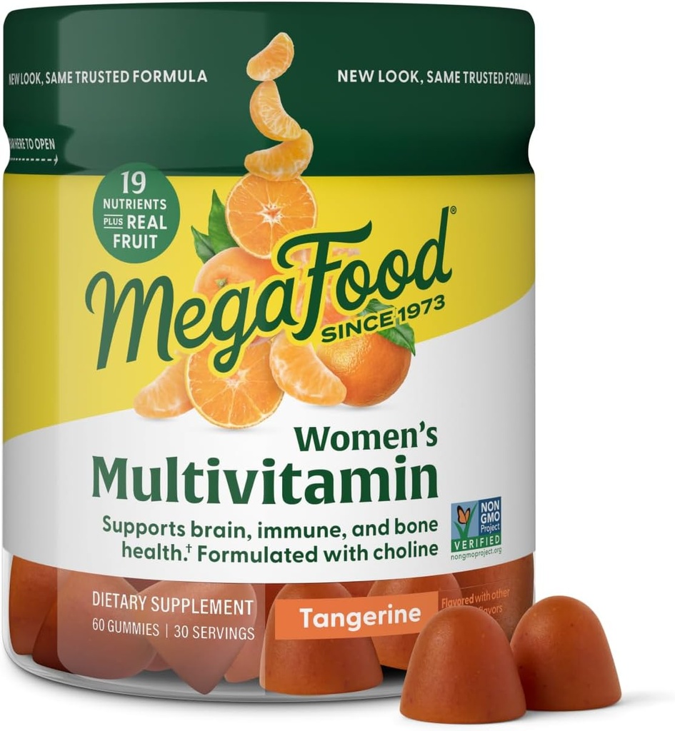 Multivitamines pour femmes MegaFood - Vitamines Gummy - Vitamine C, Vitamine D, Zinc, Vitamine B12 et Choline - Soutien immunitaire et santé des os - Végétarien - Tangerine - 60 Gummies (30 portions)