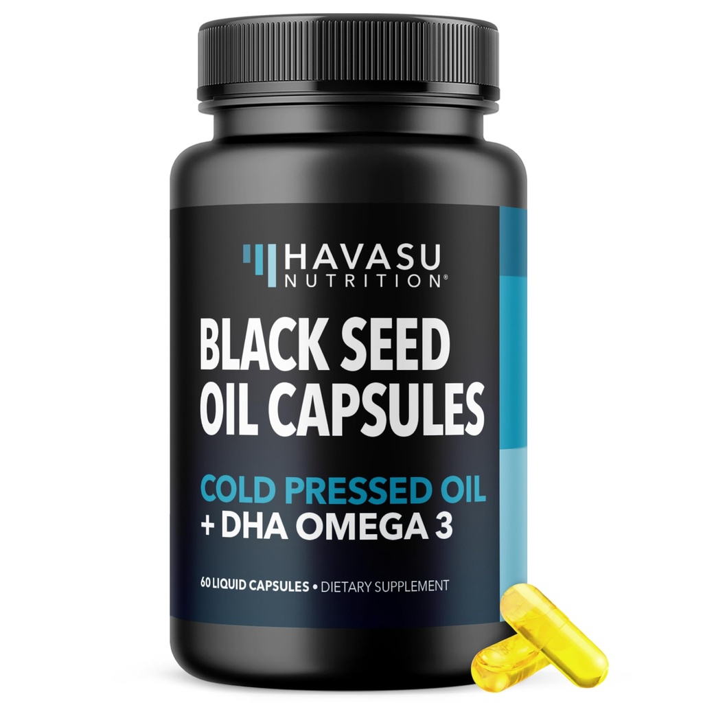Schwarzes Seedöl mit DHA-Ergänzung für Gehirngesundheit und Kognition - Kaltgepresstes Schwarzes Cumin Seed Oil und DHA Omega 3-60 Flüssigkeitskapseln, ungeflammt, Vegan, Non-GMO, und Gluten-Free - 1 Monat Versorgung