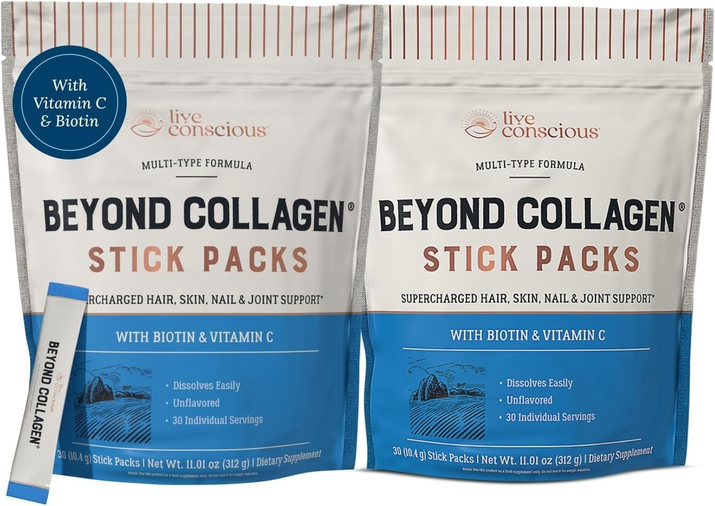 Live Conscious Beyond Collagen Peptides Powder Unflavored Packets-Hydrolyzed Collagen Powder-Hair Skin Nail & Joint Support- Multi Type Collagen Supplements für Damen & Herren 30 Pack (2pk)