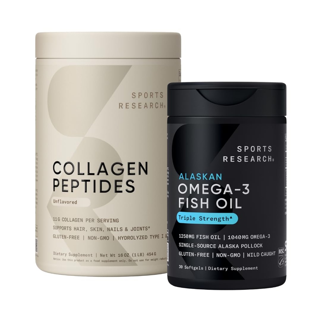 Recherche sportive Triple force Omega 3 Huile de poisson 1250mg Supplément sans Burpless avec Omega3s EPA & DHA non-OGM, sans gluten et peptides de collagène pour tous les genres Hydrolysed Type 1 & 3 Protéines de poudre
