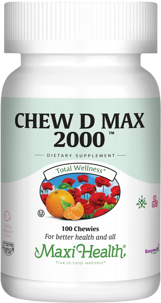 Maxi Health Chewable Vitamin D3 2000 IU Supplement - Delicious Natural Bubble Gum Flavor - Unterstützt Kalzium Absorption, Immune und Knochen Gesundheit in Erwachsenen Frauen, Männer, Kinder & Kleinkinder - 100 Chews