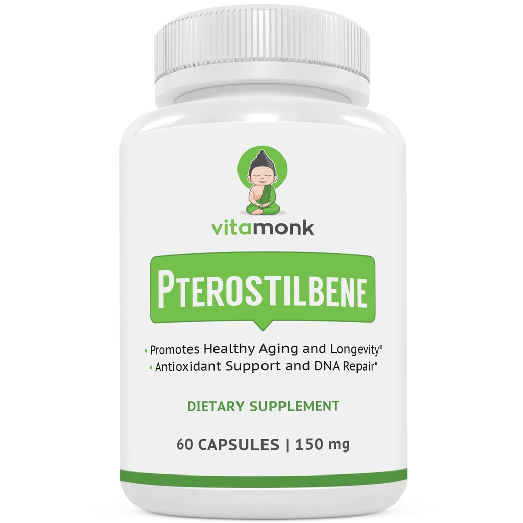 VitaMonk Pterostilbene 150mg Capsules Pas de remplissage artificiel - Supplément sans soja Trans-Pterostilbene qui favorise le vieillissement en santé et la longévité - 60 Veggie-Caps - Resvératrol amélioré
