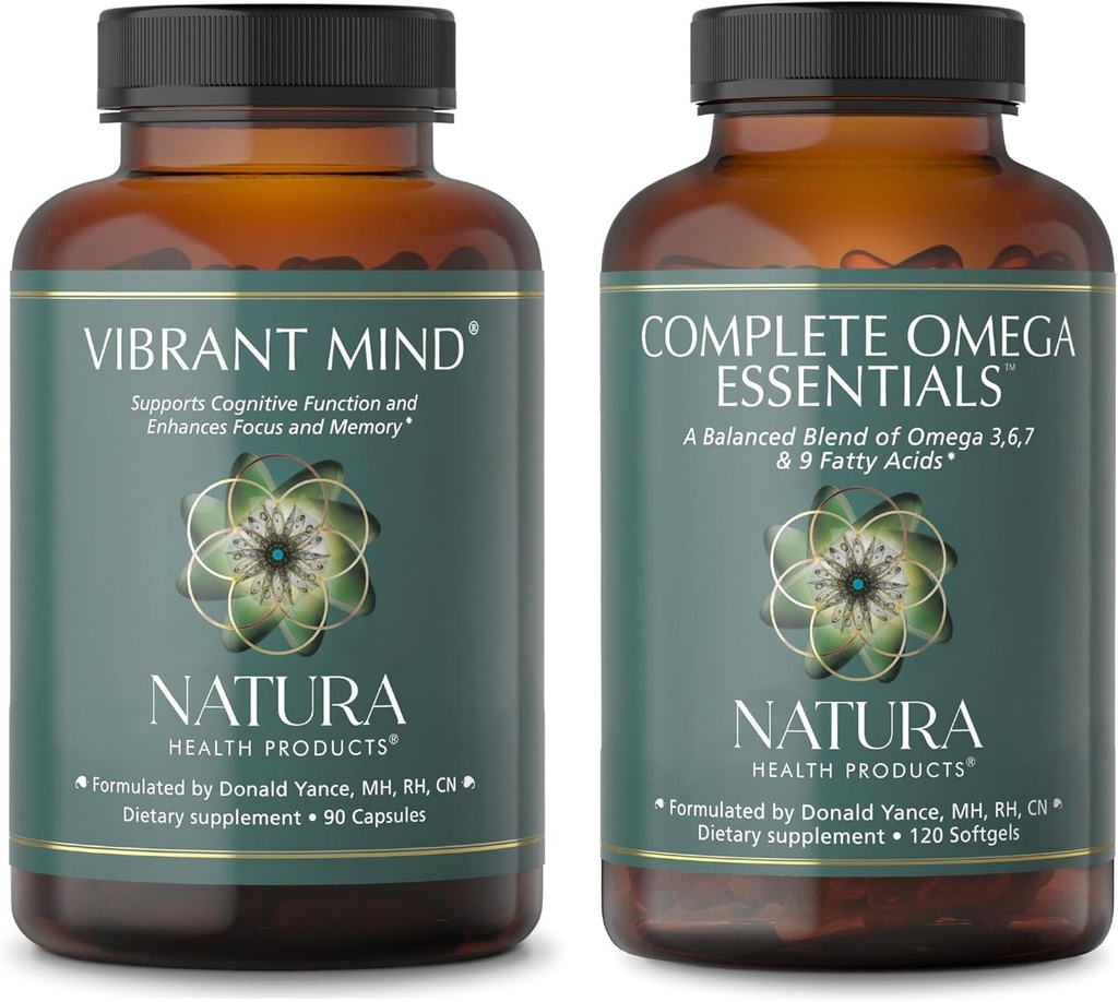 Natura Health Products Vibrant Mind and Complete Omega Essentials Supplement Bundle - Nootropic Brain Supplement for Memory and Focus - Balanced Blend of Omega 3, 6, 7, & 9 Fatty Acids