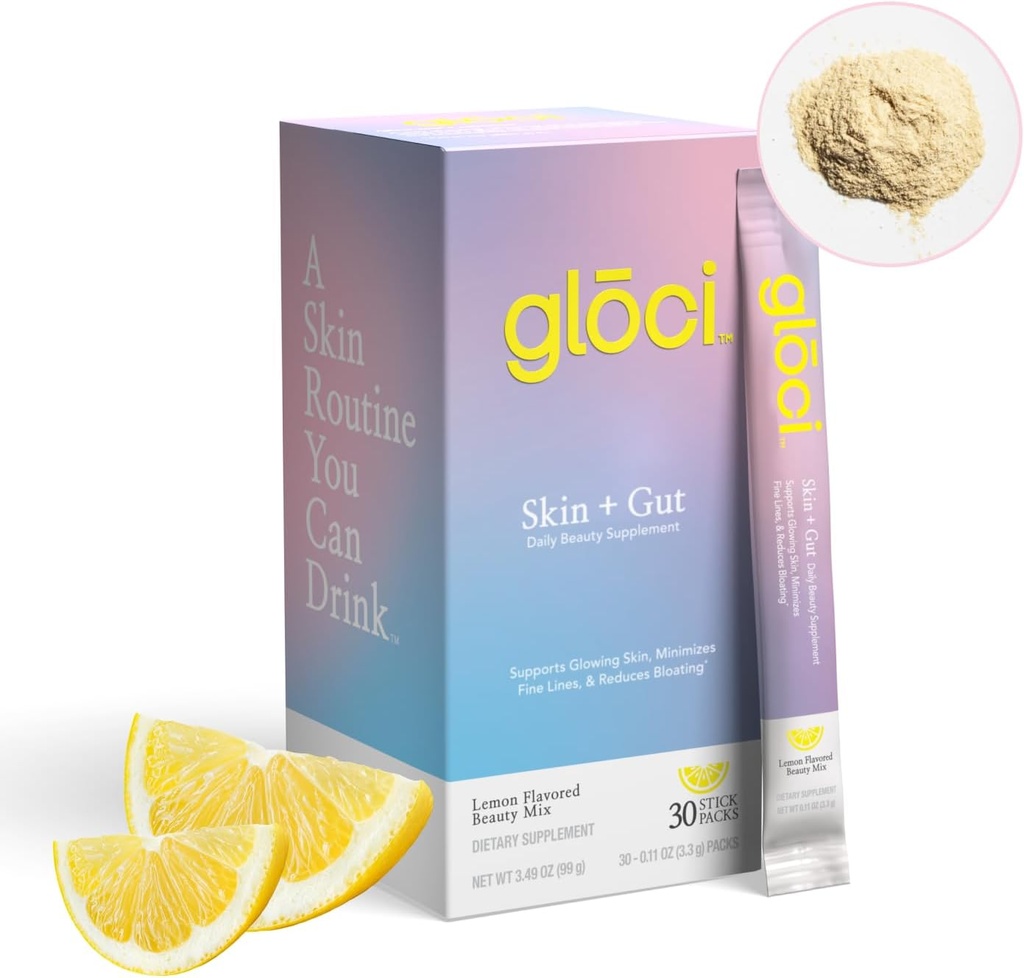 Gloci Skin + Gut - Probiotic DE111 - Hyaluronsäure, Magnesium, Vitamin C, Zink, Kokoswasserpulver - Klinisch untersucht Probiotisch für Radiant Skin, Gut Health, Hydration - 30 Count