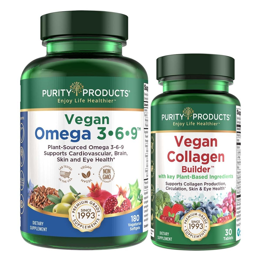 Ensemble de produits de pureté - Vegan Omega 3-6-9 (180 ct)+ Vegan Collagen Builder Omega 3-6-9 ('5 in 1'' Acide gras essentiel Omega à base végétale) - Vegan Collagen Builder (w/ingrédients clés à base végétale)