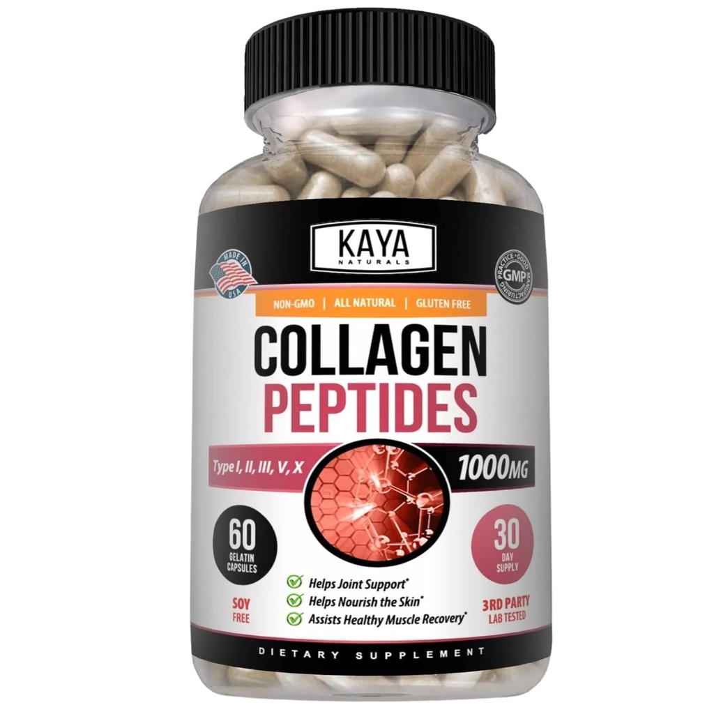 Kaya Naturals Multi Collagen Peptides Complex Powder für Frauen und Männer, Typen I, II, III, V & X | 60 Zählkapseln