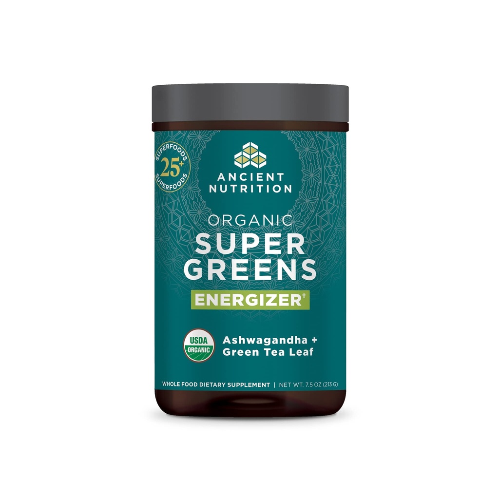 Antike Ernährung Bio SuperGreens Energizer Pulver mit Probiotika und B12, hergestellt aus echten Früchten, Gemüse und Kräutern, für Verdauungs-, Entgiftungs- und Energieunterstützung, 25 Portionen