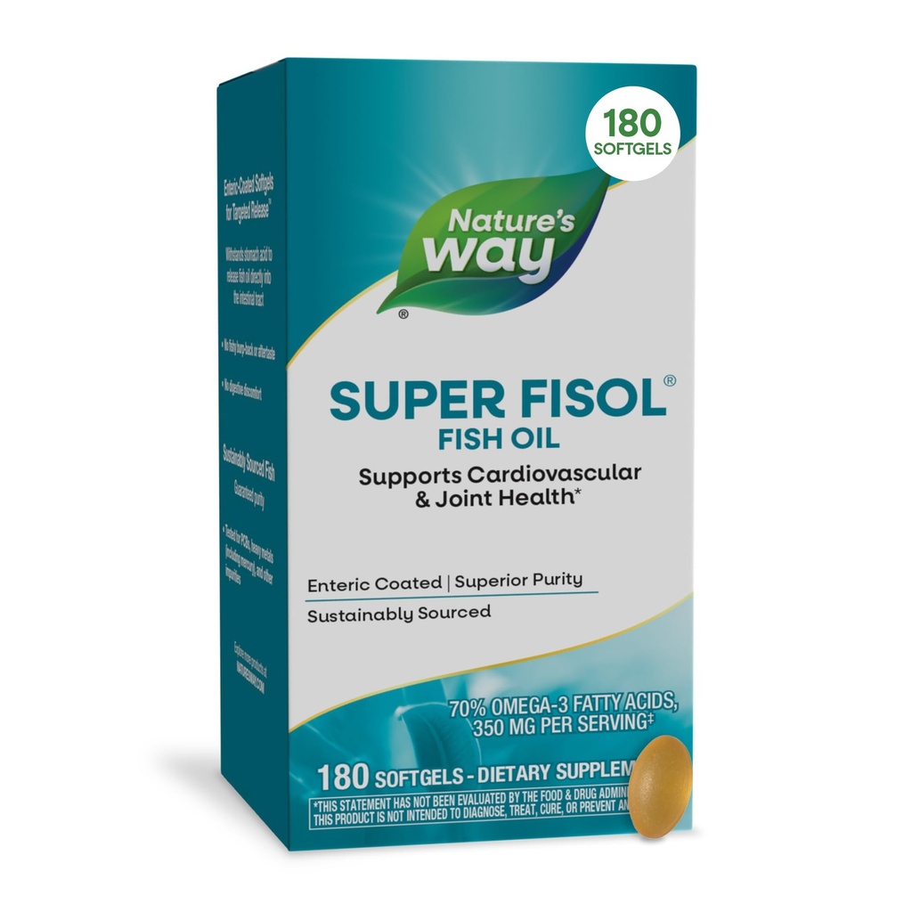 Nature's Way Super Fisol Fish Oil, Enteric Coated, soutient la santé cardiovasculaire et articulaire*, Mega Potency Omega-3s, 180 Softgels (paquetage May Vary)