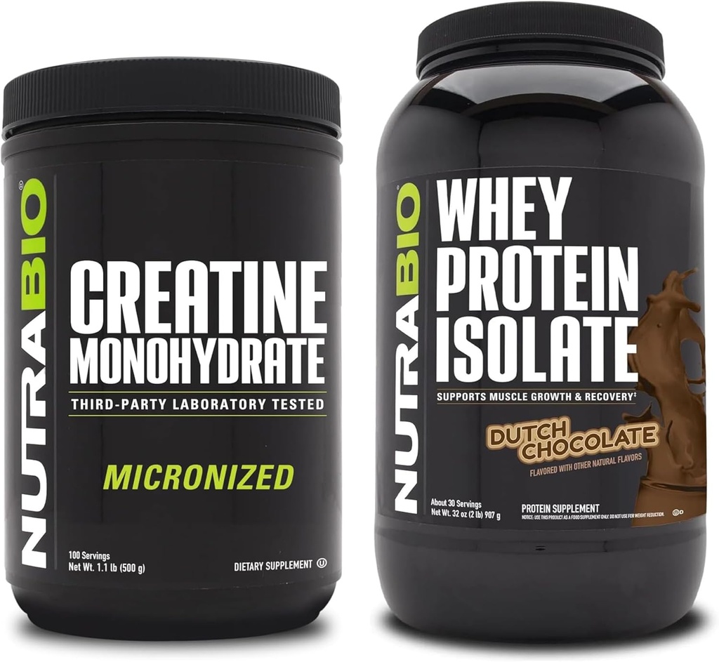 NutraBio Créatine monohydratée, non aromatisée, 500g et Isolate de protéines de lactosérum, chocolat hollandais, supplément - énergie musculaire, croissance musculaire maigre, récupération et force