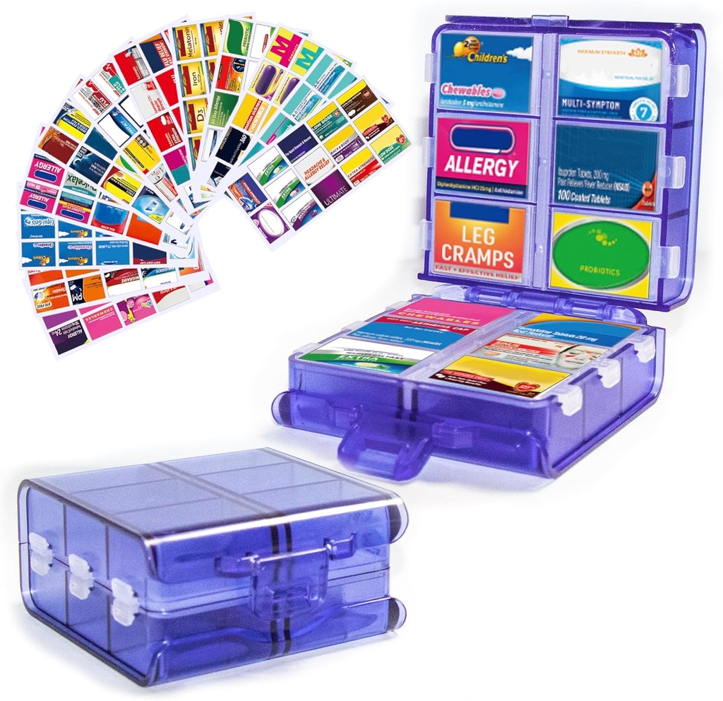 Large Pill Organizer with Medicine Labels, Pill Dispenser 12-Compartment Travel Medication Storage Case, 7-Day Pill Box for Vitamins & Supplements (Blue, 161 Labels)