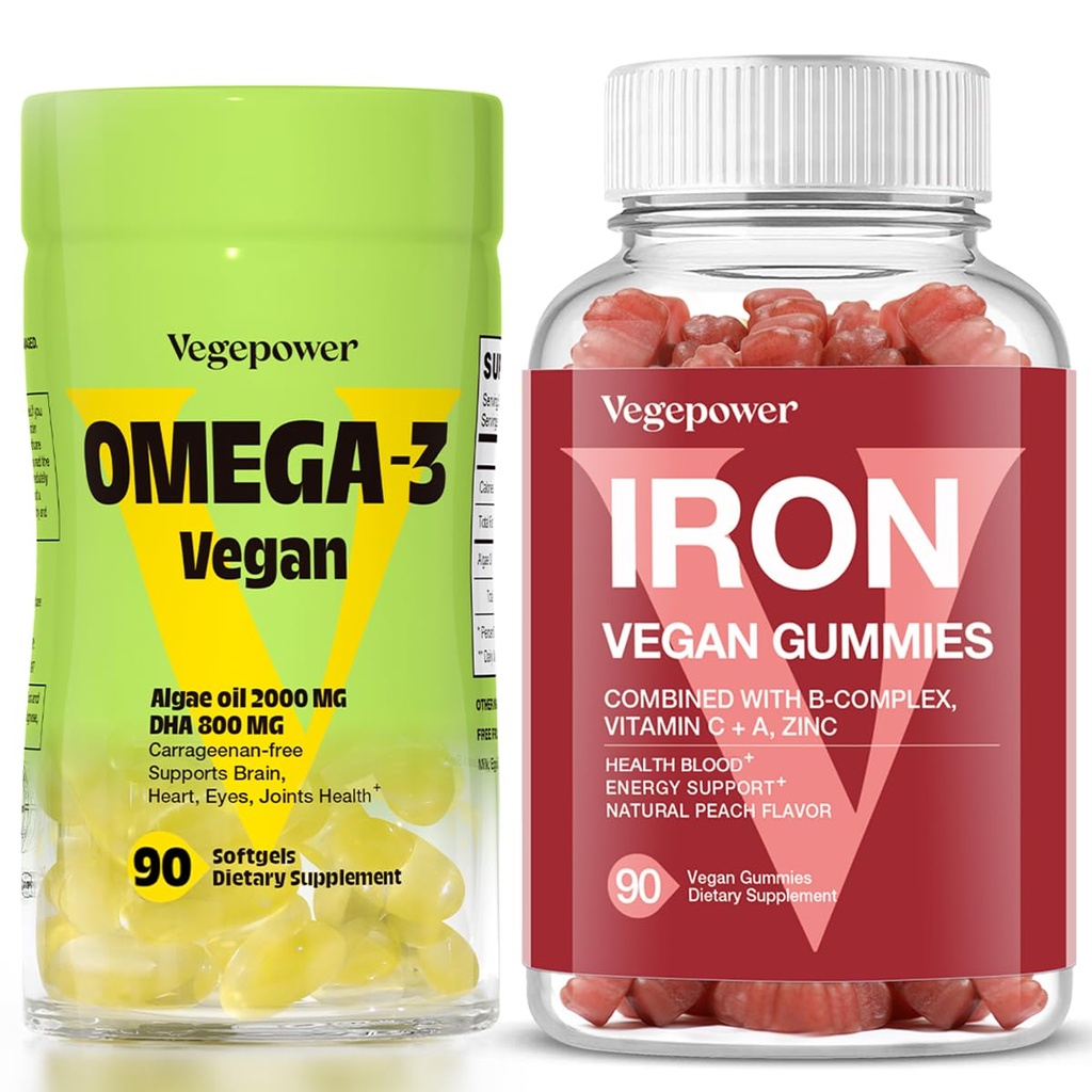 Vegane Eisengummis + Vegan Algae Omega-3 DHA - Beste Vitamin-Ergänzung für Damen und Herren, Non-GMO, Glutenfrei