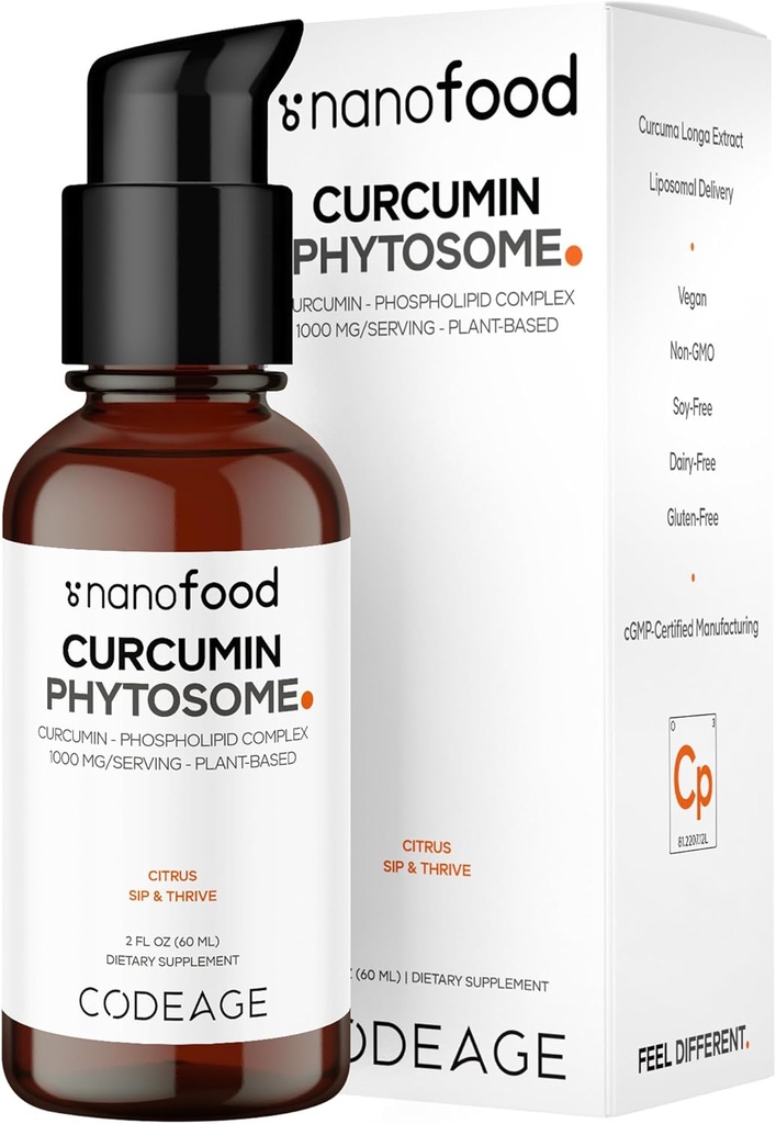 Codeage Liposoma Curcumin Phytosome Liquid Supplement, Kurkumin Vegan Liquid Drops, Pflanzenbasierte Curcuma Longa Dropper, Curcumina, Sonnenblume Phospholipid, Zuckerfrei, Citrus Flavor, 2 fl oz