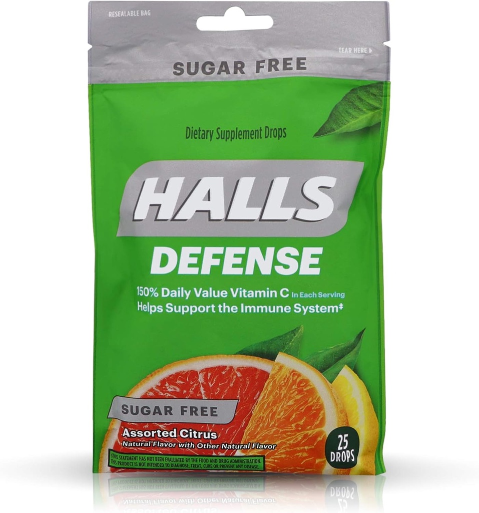 Halls Defense Vitamin C Drops Sugar Free Assorted Citrus - 25 ct, Pack of 4