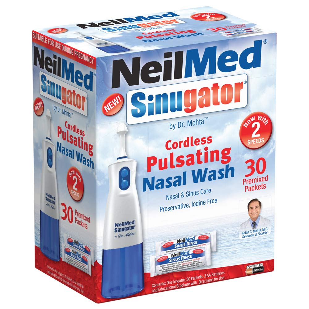 NeilMed Sinugator Akku pulsierende Nasal Wash Kit mit einem Irrigator, 30 vorgemischte Pakete und 3 AA Batterien(Pack von 1)