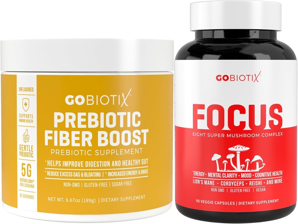 GOBIOTIX Cerveau et Gut Wellness Bundle: Focus Champignon complexe 90 capsules + supplément fibre 35 portions