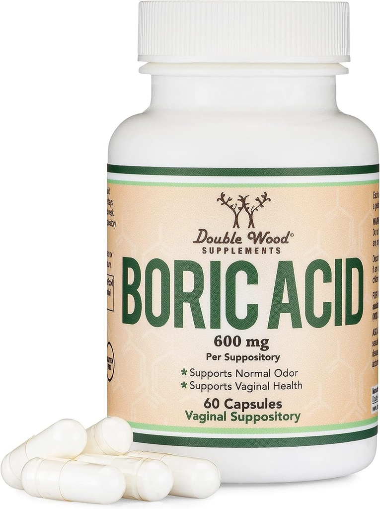 Suppositoires d'acide borique (600mg suppositoire vaginal, 60 Compte) soutient l'équilibre du pH vaginal, contrôle de l'odeur (USP de qualité médicale poudre fine, Dissolve facile, tiers testé) par le bois double
