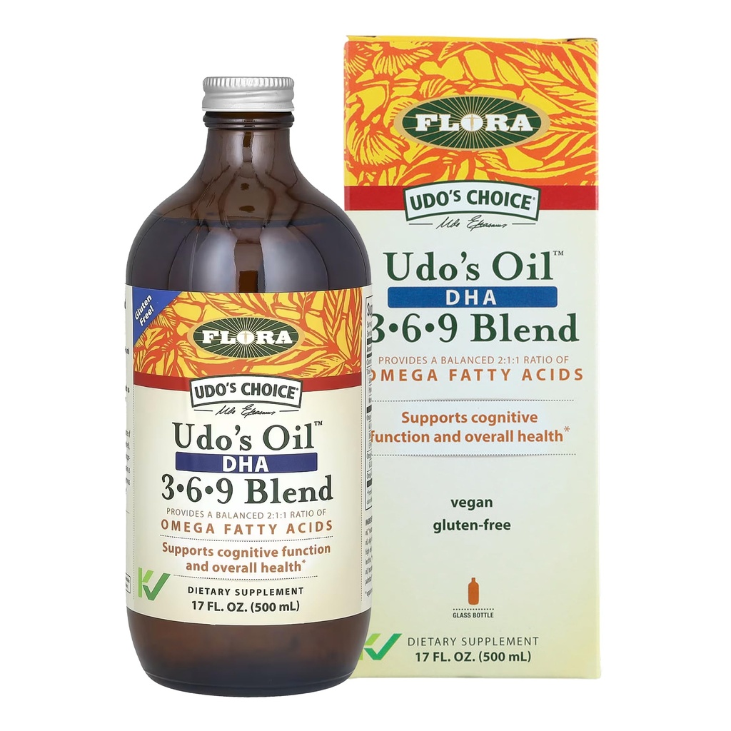 Flora - Udo's Oil DHA 3-6-9 Blend - Vegetarian Eye & Brain Health Supplement - Omega-3 & Omega-6 - Enthält Sunflower & Flax Seed Oil - Kosher & Organic - Halten Sie Chilled - 17 fl. oz.