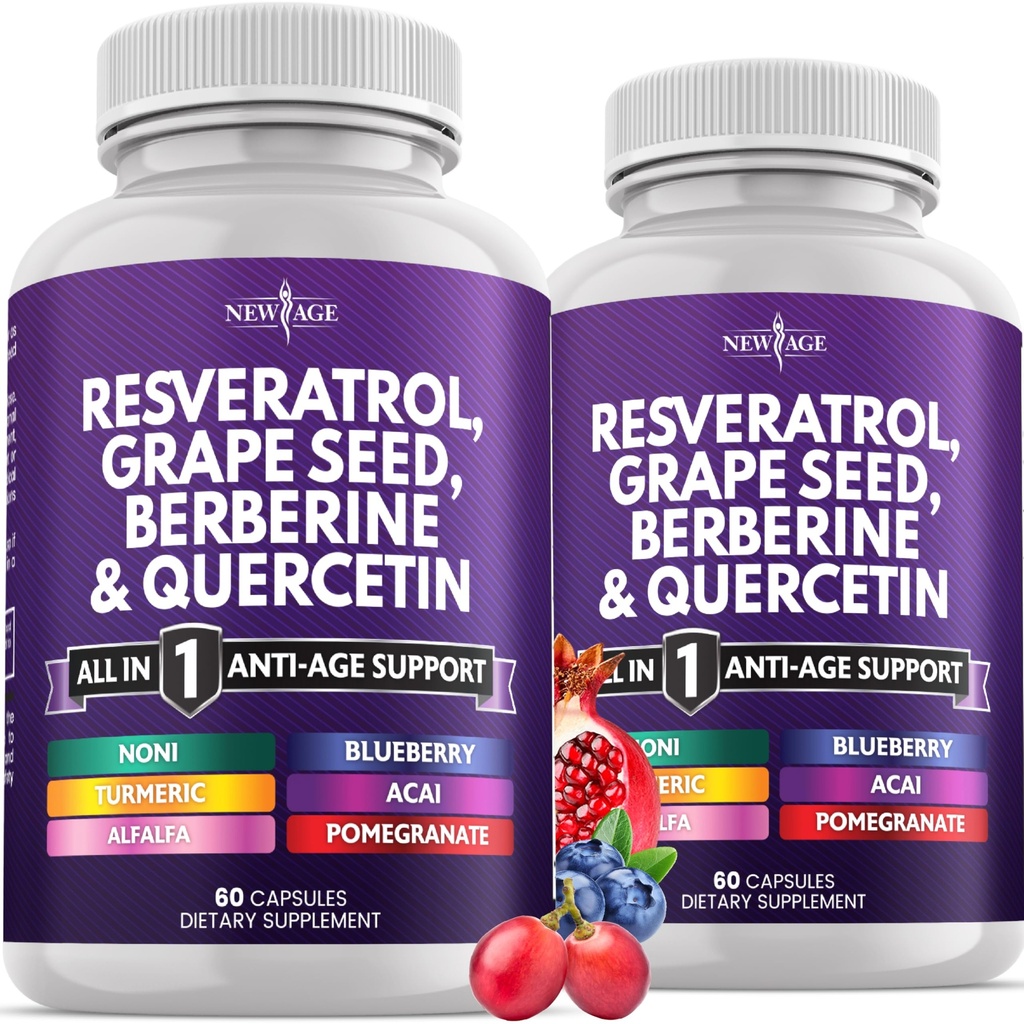NEU AGE Resveratrol, Berberine, Grape Seed Extract, Quercetin, Polyphenol Supplement für Frauen und Männer mit Noni Extract, N-Acetyl Cystein, Acai Extract - 120 Kapseln