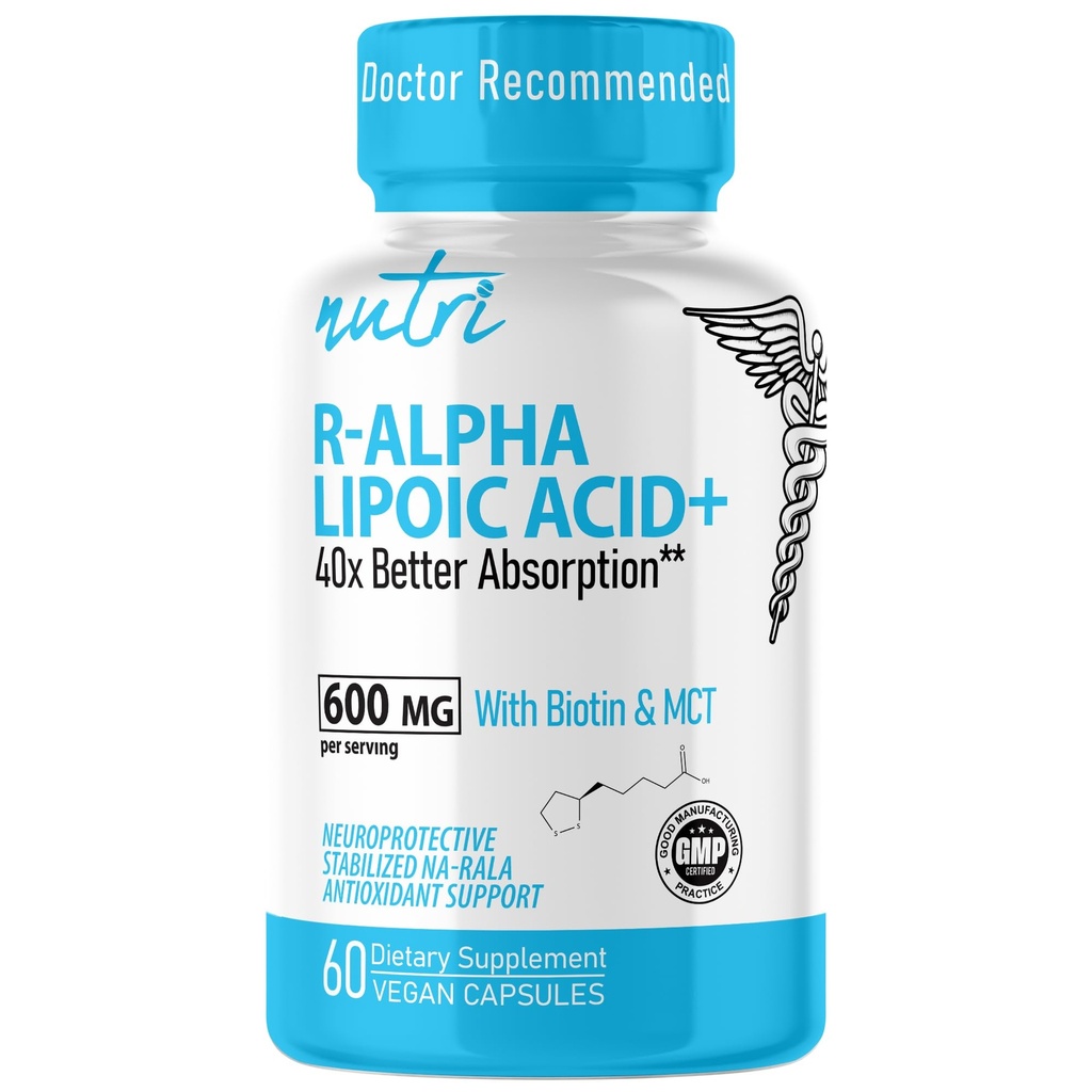 Nutri R Alpha Liponsäure 600mg Kapseln - R Lipsäure mit Biotin stabilisiert - Aktive Form von R-ALA - 600 mg klinische Dosierung - Leistungsstarke Cellular Energy Support - 60 Vegan Kapseln - RALA