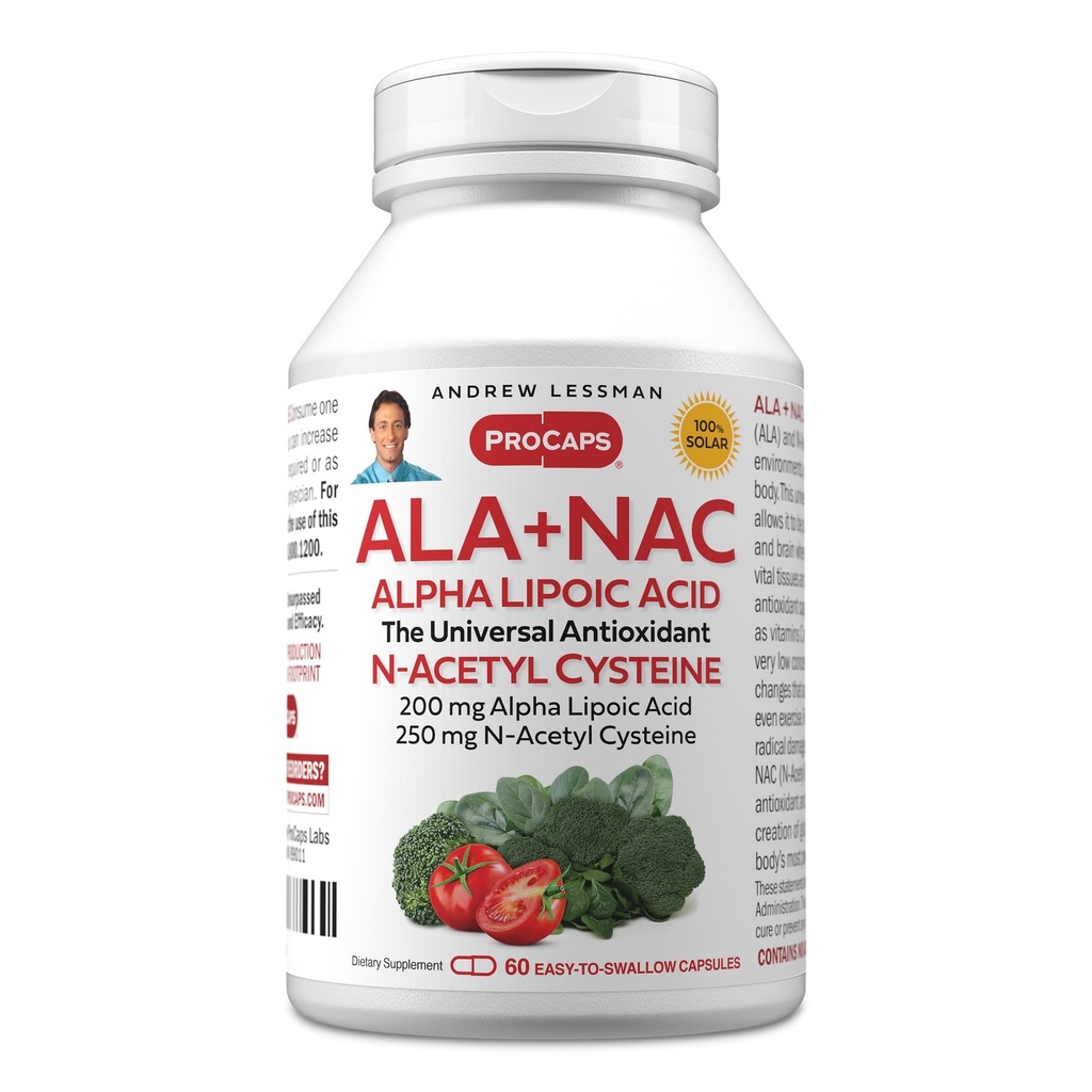 ANDREW LESSMAN ALA + NAC Alpha acide lipoïque avec N-acétyl-Cysteine 60 Capsules - Ultra-haute puissance, anti-oxydant support pour le système nerveux, coeur, cerveau, foie, reins, poumons, énergie. Aucun additif