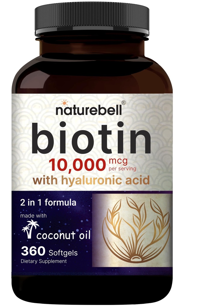 NatureBell Biotin 10000mcg + acide hyaluronique 25mg. 360 softgels d'huile de coco, supplément de biotine Premium pour la peau et les ongles des cheveux*