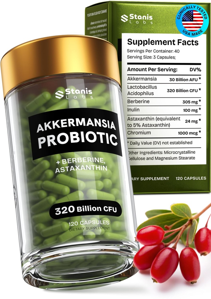 Akkermansia Muciniphila Probiotics 320 Billion CFU| GLP-1 Probiotic und Prebiotic | Akkermansia Probiotics for Darmgesundheit | Inulin Prebiotic Fiber Capsules Astaxanthin & Berberine & Chromium 120 count